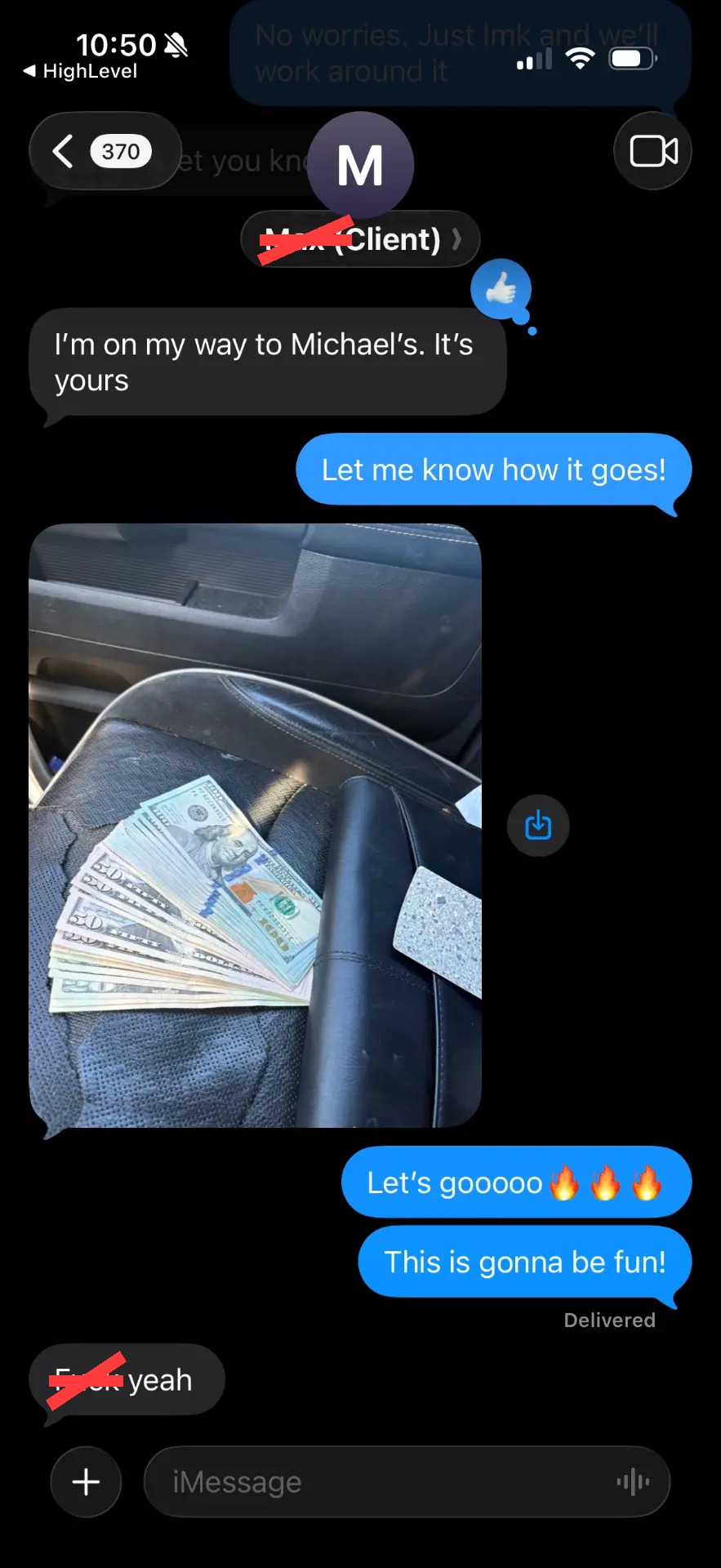 Client text message: closed job and cash collected