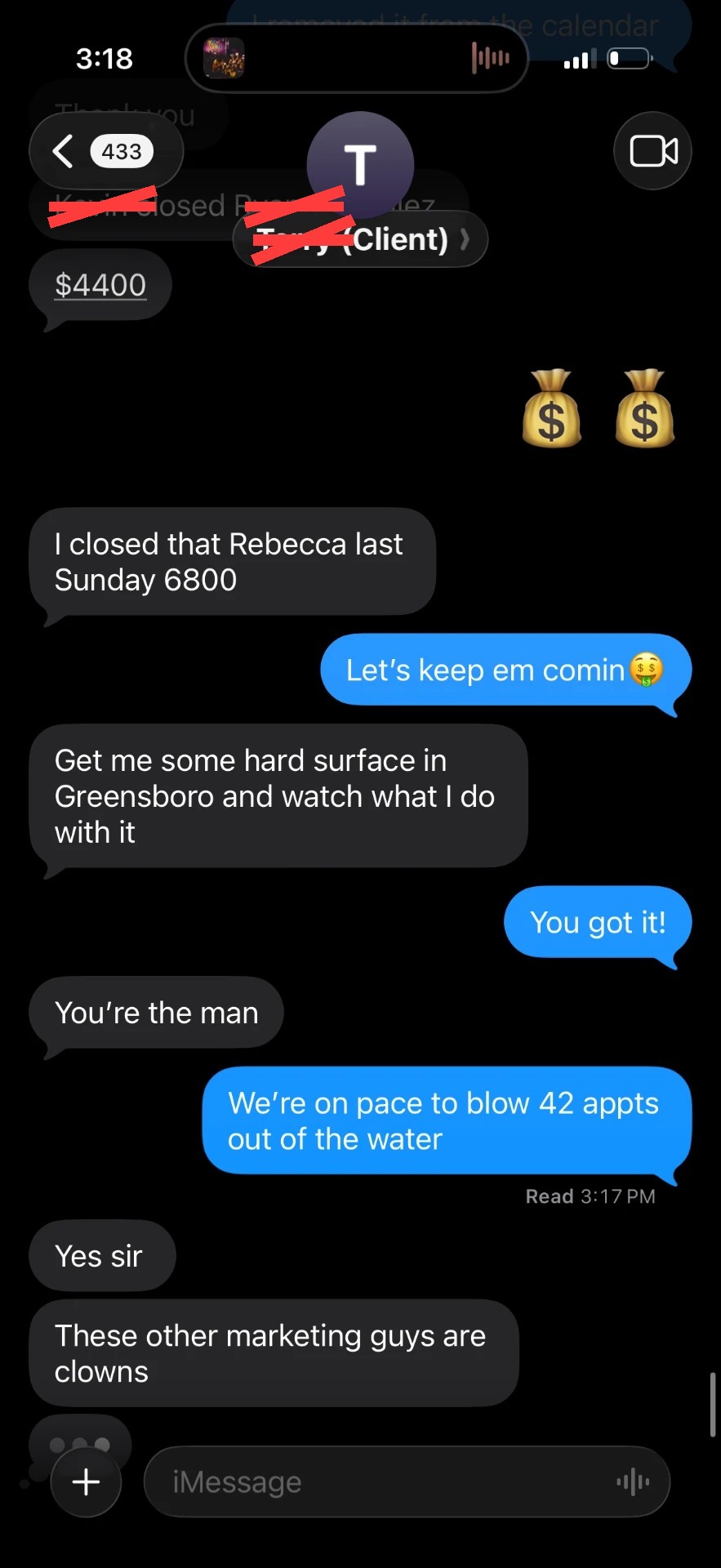 Client text message: multiple closed jobs and appointments